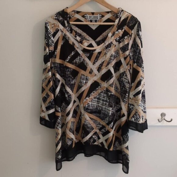 Jm Collection Tunic Blouse M Geometric Chiffon Trim Gold Modern Glam Statement - Picture 1 of 6